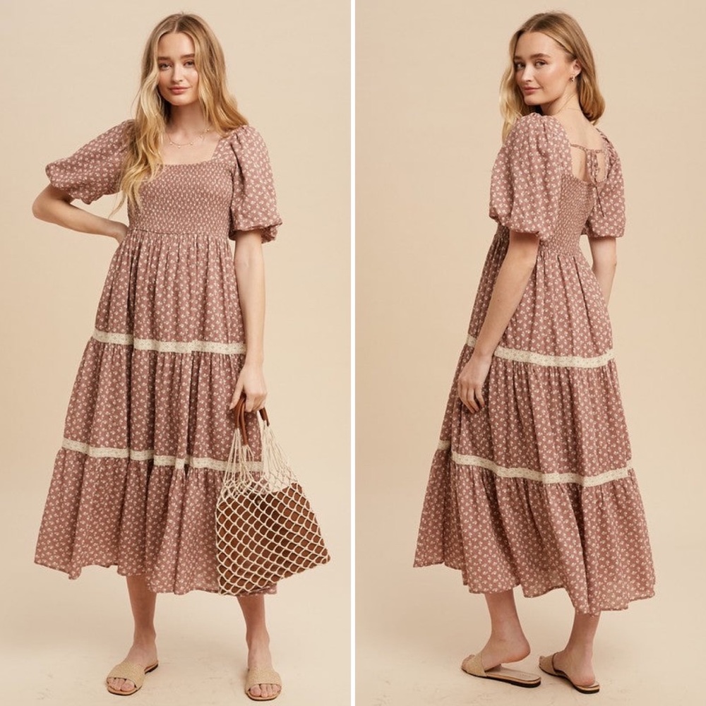 Dusty rose flowers Vintage inspired puffed sleeves midi dress rose dress